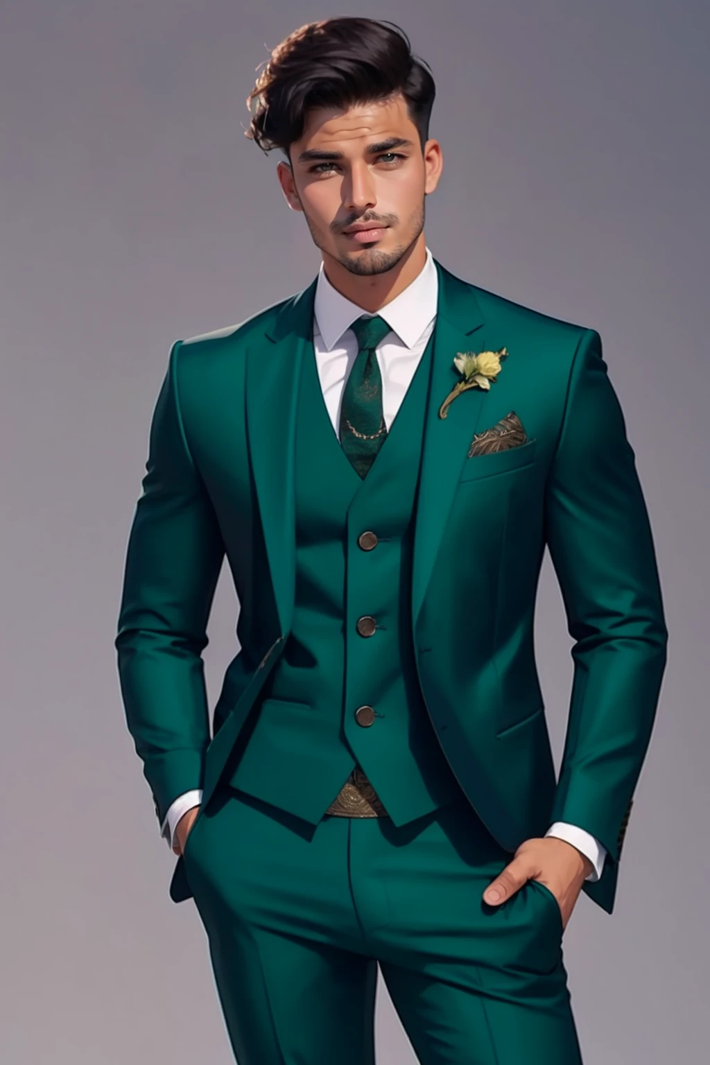 <lora:detail_slider_v4:1> 1boy  <lora:3m3r4ldsu1t:0.75>  3m3r4ldsu1t, green jacket, green pants, grey background, simple background, silk suit