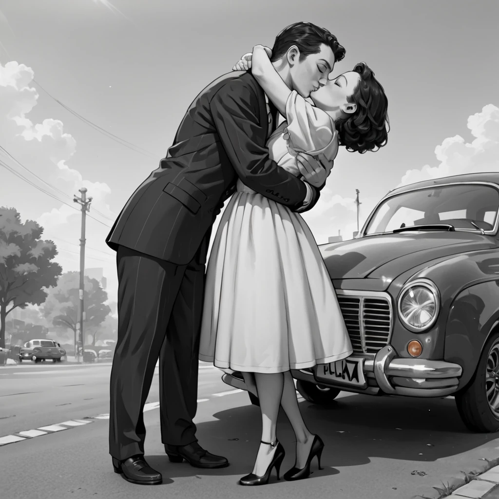 score_9, score_8_up, score_7_up, score_6_up, source_anime, full body, hud_40s_lv, monochrome, greyscale, 1girl, 1boy, hug, kiss, suit, dress, high heels, car,  simple background, film grain, cinematic, <lora:40sromance-000007:0.8>,