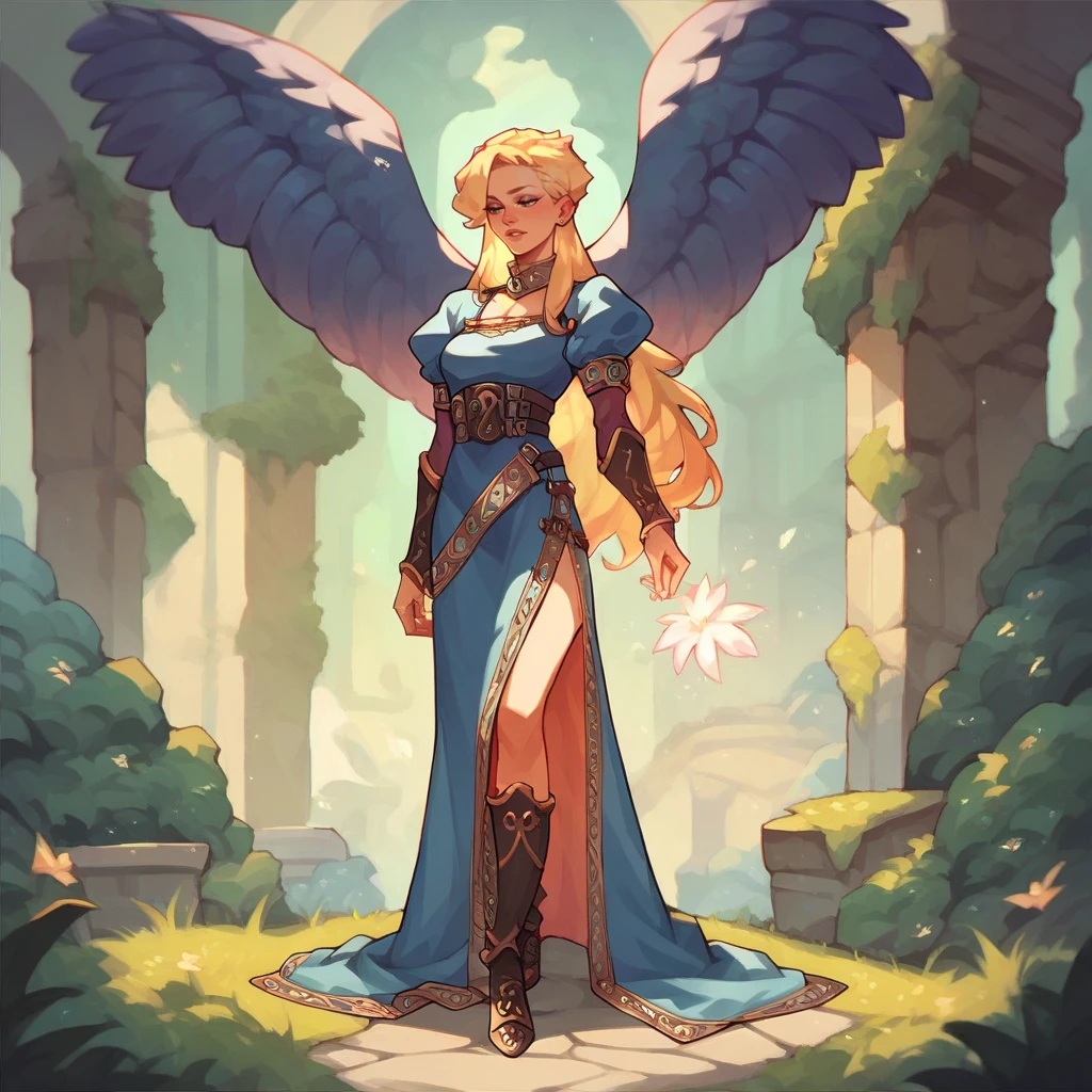 score_9, score_8_up, score_7_up, score_6_up, score_5_up, score_4_up, a girl in the forest,  <lora:Nina_BoF2_XL:1> ninabofii, angel wings, blonde hair, long hair, sidelocks, dress, boots, bridal gauntlets, casting magic,