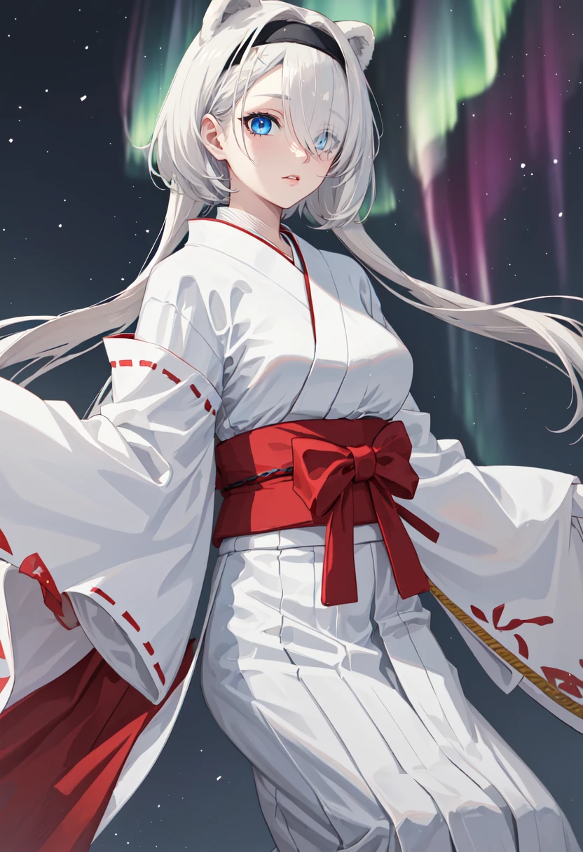 best quality, masterpiece, highres, solo, (aurora_arknights:1.10), (white kimono:1.35), (red hakama:1.35), (wide sleeves:1.20), 24 <lora:aurora_arknights:0.80>