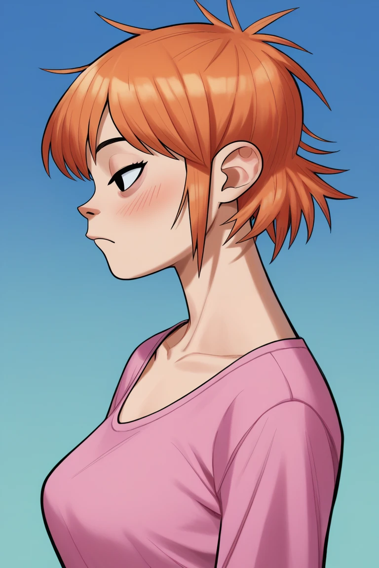 score_9, score_8_up, score_7_up, BREAK, 1girl, solo, breasts,   <lora:noodlegorillaz-guy-PONYv1:1>, noodlegorillaz, 1girl, solo, blush, bangs, simple background, shirt, closed mouth, collarbone, orange hair, from side, gradient, gradient background, profile, blue background, portrait, pink shirt