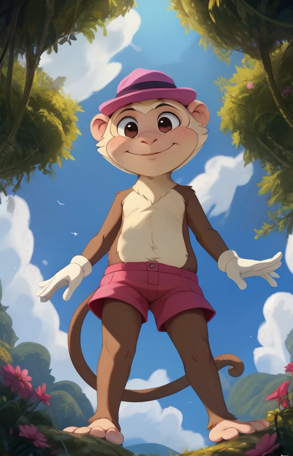 <lora:LuizMoncWudiG(lierla)Yi:0.9>  LuizMoncWudiG(lierla)Yi, monkey, primate, shorts, hat, brown fur, chibi, 
 solo,   looking at viewer,    (Tail), to his full height,   
(beautiful, aesthetic, perfect, delicate, intricate, masterpiece, )  textured fur, [Forest, clouds, bushes,]    ( worm's-eye view, looking down,  ass,   standing , looking down at viewer, low-angle view, )
[by dagasi|ancesra:0.6], [by foxovh|personalami:0.5], [by einshelm|tom_fischbach],