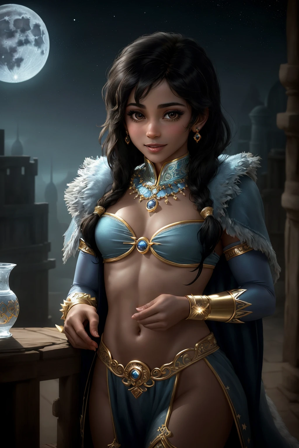 masterpiece, ultra-detailed, best quality, illustration, 8k cg wallpaper, an extremely delicate and beautiful, 1girl, Princess Jasmine /(Aladdin/), solo, perfect anatomy, smiling, blushing, dark skin, perfect arms, perfect hands, perfect fingers, perfect legs, cute, pretty, beautiful, sexy, perfect body, (background: Arabian city, Arabian buildings, night sky, moon, stars, intricately detailed items in background), <lora:NeverAlone:0.8>