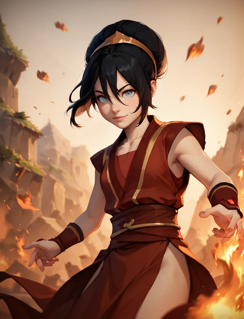 score_9, score_8_up, score_7_up,
 fire nation clothing,solo,black hair,1girl,female focus,fire
, <lora:Toph_ponyXL:0.6>