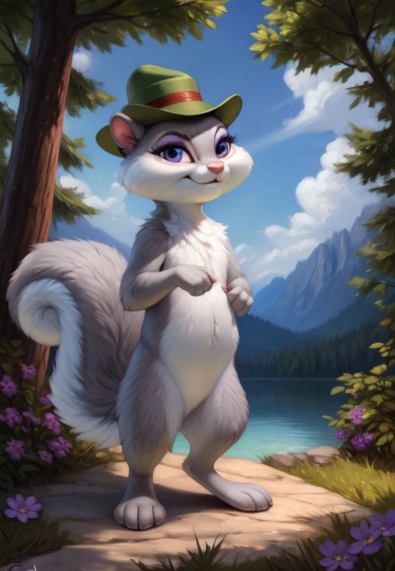 <lora:SlappySquirrelCartoonYif:0.85>     solo,   looking at viewer,   SlappySquirrelCartoon, Squirrel,smal  green hat with flower, purple eyelids, gray fur,   white sclera,
(beautiful, aesthetic, perfect, delicate, intricate, masterpiece, )  textured fur, [Forest,  lake, clouds, bushes,] standing
by ulitochka, by taran fiddler, by Silverfox5213, by personalami,