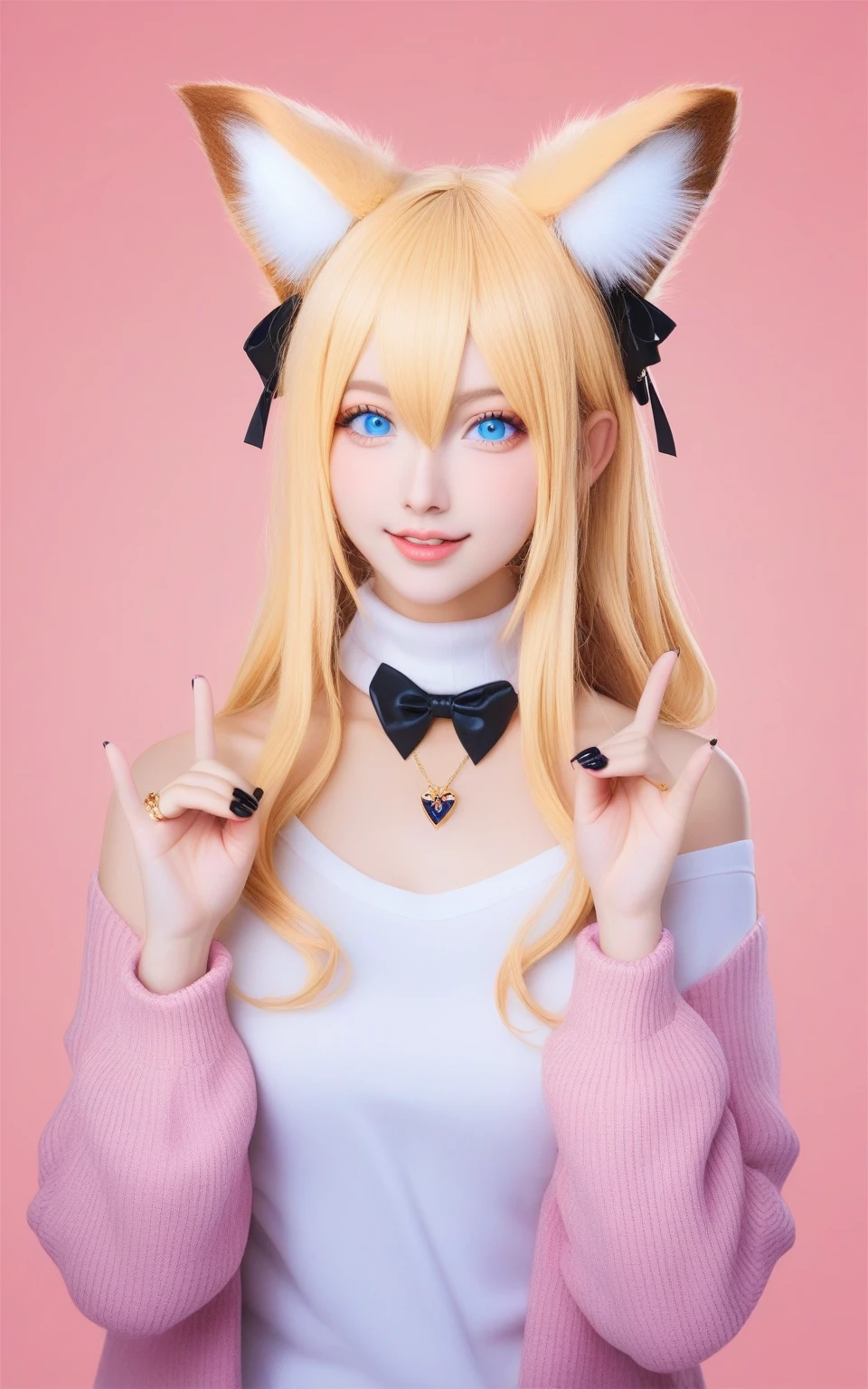 1girl,fang, looking at viewer, logo parody, extra ears, holding necklace, long hair, upper body, parody, hair between eyes, jewelry, fox girl, animal ear fluff, nail polish, ring, blush, pink background, fox ears, holding, fox shadow puppet, holding jewelry, collarbone, hair bow, animal ears, teeth, turtleneck sweater, sweater, simple background, necklace, pink sweater, parted lips, shirt, smile, style parody, solo, black nails, t-shirt, blue eyes, bow, white shirt, blonde hair, long sleeves,