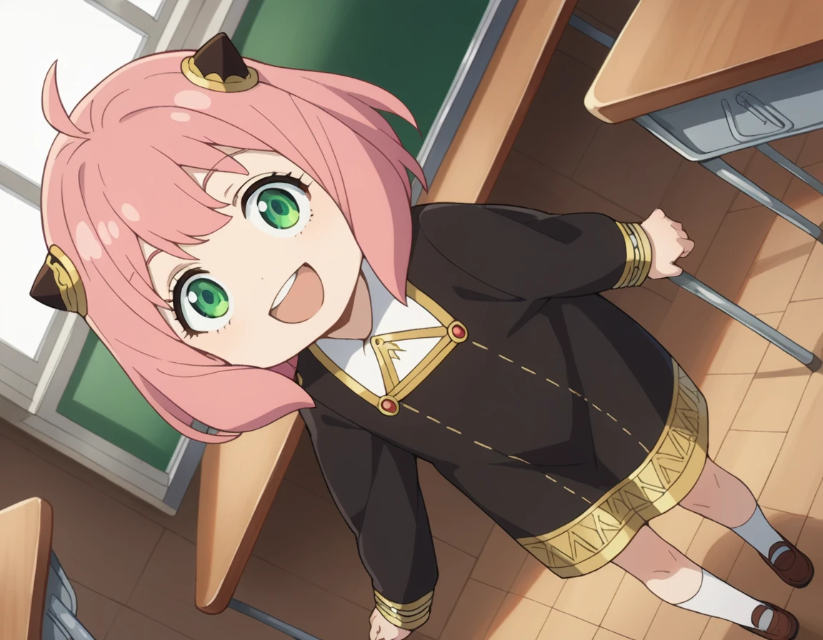 score_9, score_8_up, score_7_up, source_anime,
anyaforger, <lora:anya-forger-ponyxl-lora-nochekaiser:1>,
anya forger, anya forger, bangs, green eyes, pink hair, ahoge, hair ornament, hairpods, child, female child, smile,
long sleeves, dress, school uniform, socks, black dress, eden academy school uniform,
indoors, classroom, bent over, open mouth,
looking at viewer, cowboy shot, dutch angle,