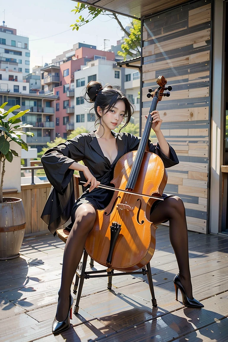 1girl, playing cello, cello,bow \(music\),

(pantyhose, high-heels, long and slender and beautiful legs),  black hair, sitting, outdoor, bare arms, bikini, bra, 
 __str2__, __str1__, masterpiece, best quality,8k