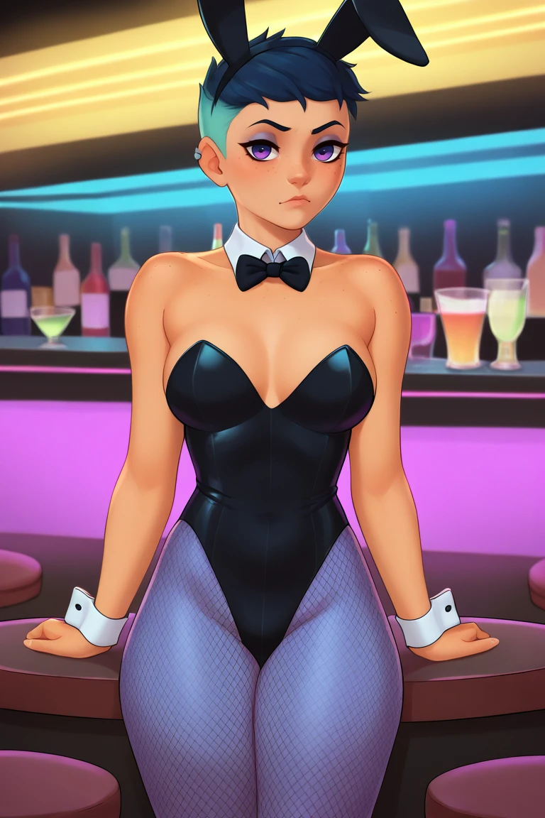 score_9, score_8_up, score_7_up, BREAK, 1girl, solo, breasts, <lora:rileyfairfeather-guy-PONYv1:.9>, rileyfairfeather, dark skin, undercut, multicolored hair, freckles, makeup, piercing, fake animal ears, playboy bunny, leotard, pantyhose, wrist cuffs, detached collar, bowtie, indoors, nightclub, neon trim, neon lights, <lora:flick-guy-PONYv1:1>
