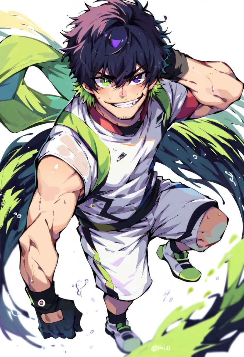 score_9, score_8_up, score_7_up, oliver aiku, 1boy, solo, black hair, green hair, heterochromia, purple eyes, green eyes, facial hair, stubble, white sportswear, grin, standing, full body, looking at viewer, white background