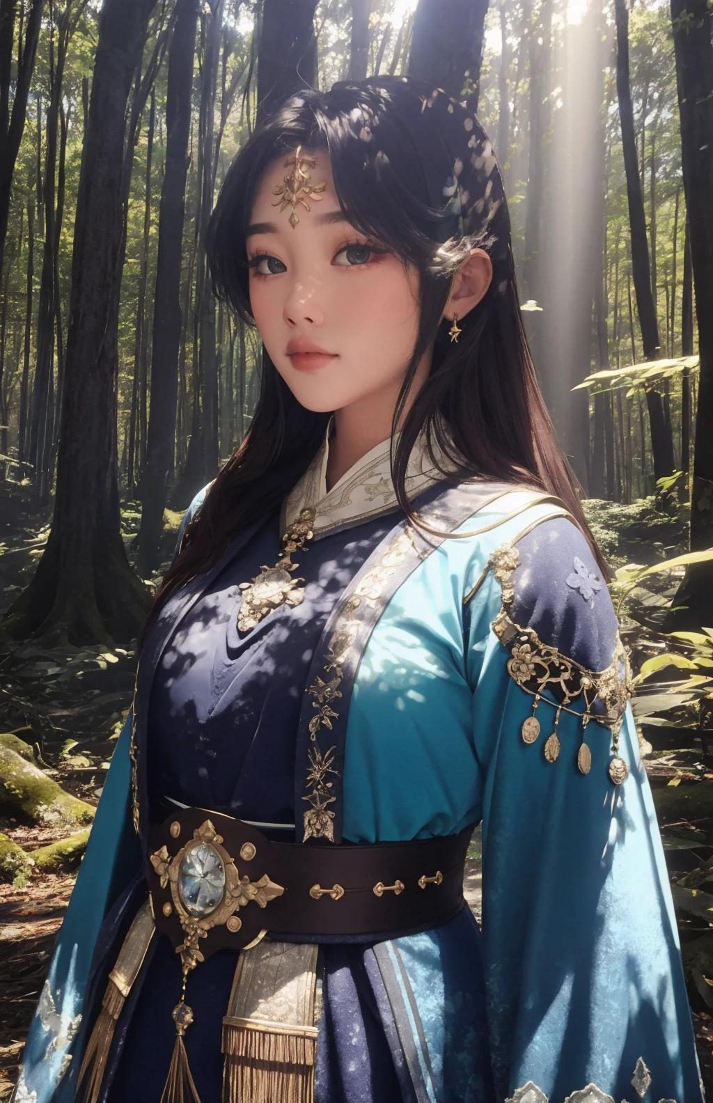 1girl,upperbody,long hair,ancient forest,hidden glade,moonbeams, overgrown, dappled light, crepuscular rays, dreamlike, otherworldly, ethereal, hazy background, mystic, dark,detailed background,<lora:BasiilLeaf1:0.7> BasiilLeaf