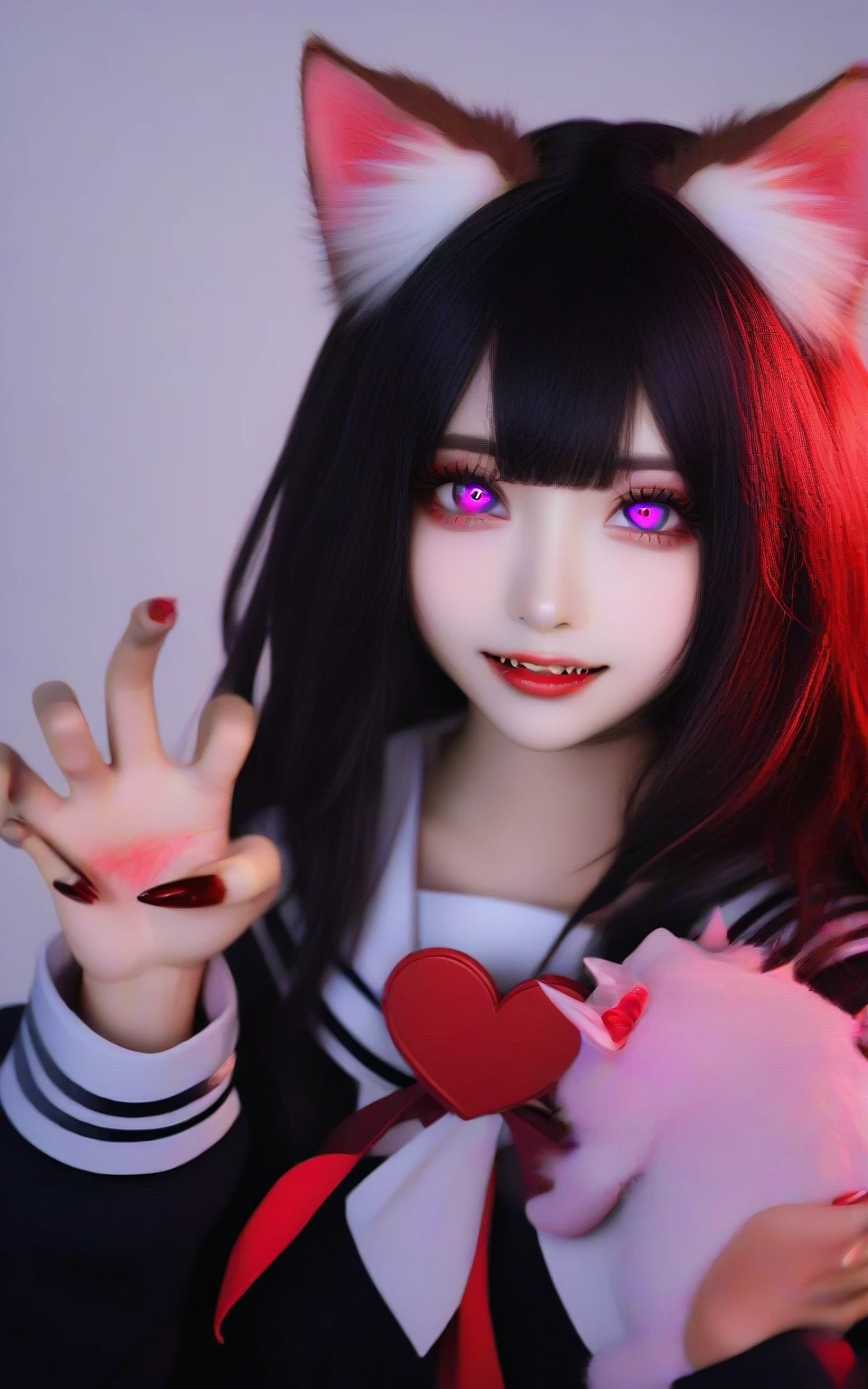 1girl,heart, holding animal, uniform, company connection, glasgow smile, open mouth, bone, blood, looking at viewer, ribbon, upper body, long hair, ghost, purple eyes, eyes visible through hair, sharp teeth, nail polish, pink nails, eyeball, animal, holding, claws, school uniform, black eyes, red lips, serafuku, teeth, animal ears, black hair, simple background, black serafuku, blood on face, parted lips, white background, smile, solo, pink blood, fingernails, sailor collar, cat ears,