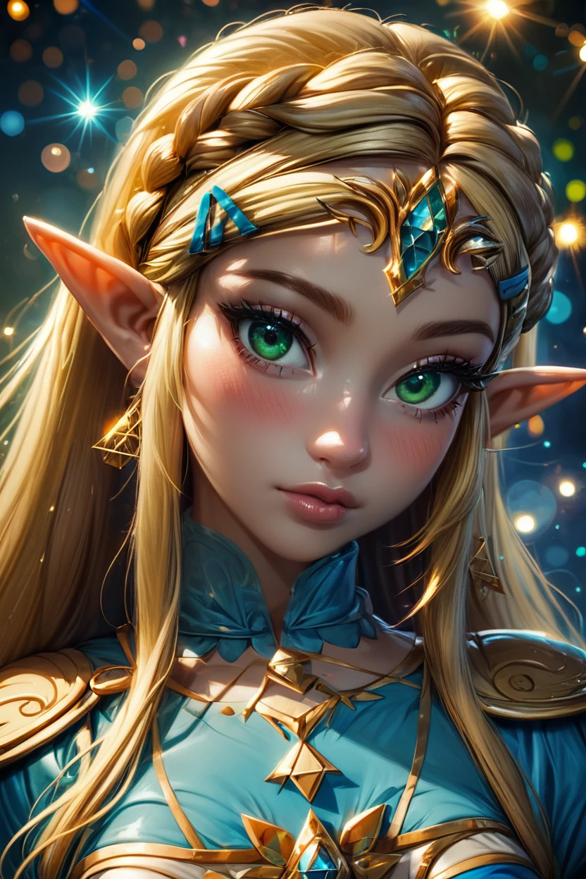 score_9, score_8_up, score_8, medium breasts, (ultra realistic,32k, masterpiece:1.2),(high detailed skin:1.1),( high quality:1.1), (curvy), cute, eyelashes, princess zelda, solo, green eyes, long hair, green eyes, crown braid, hairclip, pointy ears, blue shirt, long sleeves, curvy, head tilt, hearts, blush, lips, curvy, head tilt, shiny clothes, upper body, looking at viewer, bokeh, luminescent background,