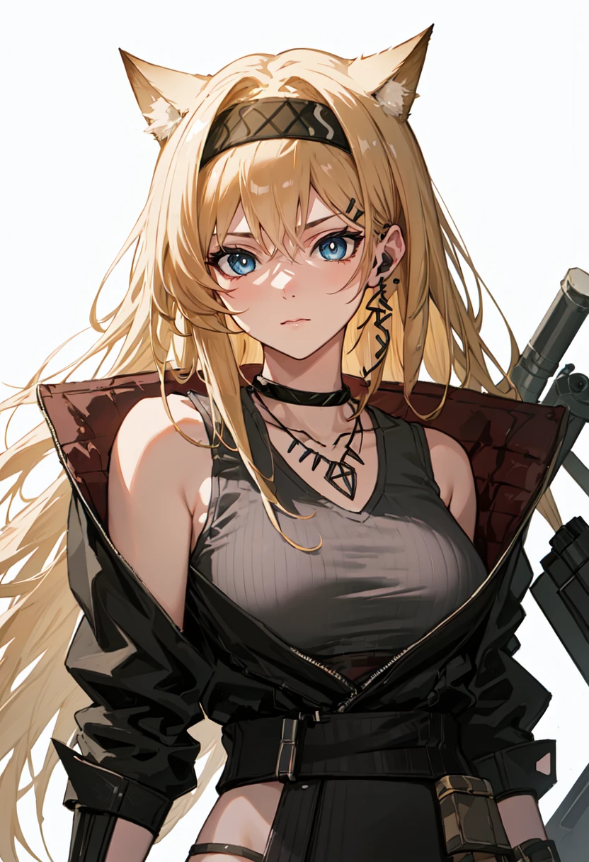 best quality, masterpiece, highres, solo, (horn_arknights:1.10), 1girl, bare shoulders, black choker, upper body, looking at viewer, grey tank top, black jacket, extra ears, simple background, white background, necklace, grey shirt, 3 <lora:horn_arknights:0.80>