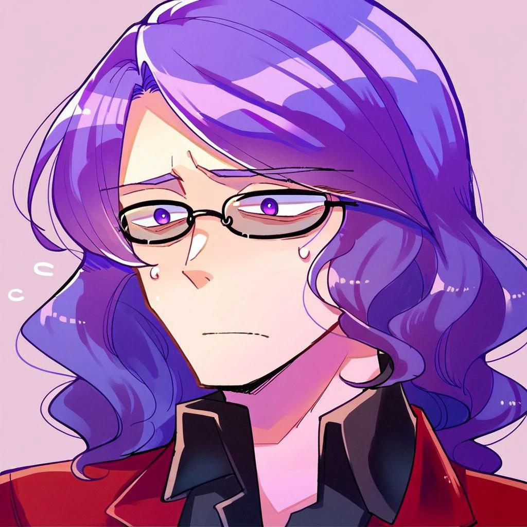 score_9, score_8_up, score_7_up, score_6_up, score_5_up, score_4_up,, 1boy, purple hair, wavy hair, purple eyes, Red jacket, black shirt, collared shirt, red pants, formal, Glasses, portrait, sad, nervous