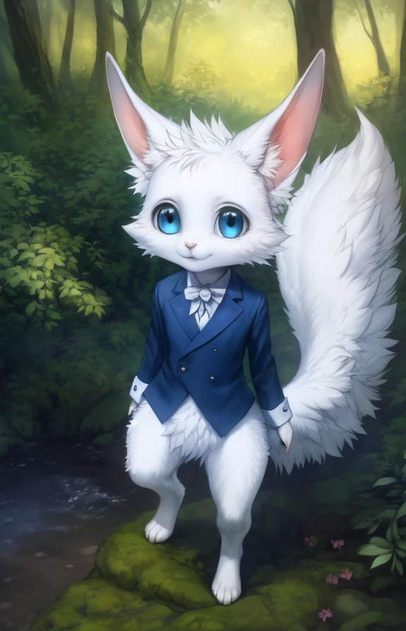 <lora:NaviTDKPrin1:0.85> White fur, fluffy tail, blue eyes, blue jacket,  solo,   looking at viewer, to his full height,  
(beautiful, aesthetic, perfect, delicate, intricate, masterpiece, )  textured fur, [Forest, clouds, bushes,]    
[by kenket|by totesfleisch8], by thebigslick:by silverfox5213:0.8], [by syuro, by paloma-paloma::0.2, (Tricksta, TotesFleisch8)