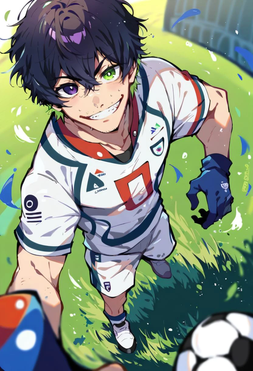 score_9, score_8_up, score_7_up, oliver aiku, 1boy, solo, black hair, green hair, heterochromia, purple eyes, green eyes, facial hair, stubble, soccer white sportswear, grin, standing, full body, soccer ball, looking at viewer, soccer stadium, grass, from above