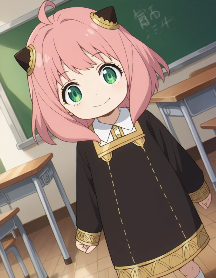 score_9, score_8_up, score_7_up, source_anime,
anyaforger, <lora:anya-forger-ponyxl-lora-nochekaiser:1>,
anya forger, anya forger, bangs, green eyes, pink hair, ahoge, hair ornament, hairpods, child, female child, smile,
long sleeves, dress, school uniform, socks, black dress, eden academy school uniform,
indoors, classroom,
looking at viewer, cowboy shot, dutch angle,