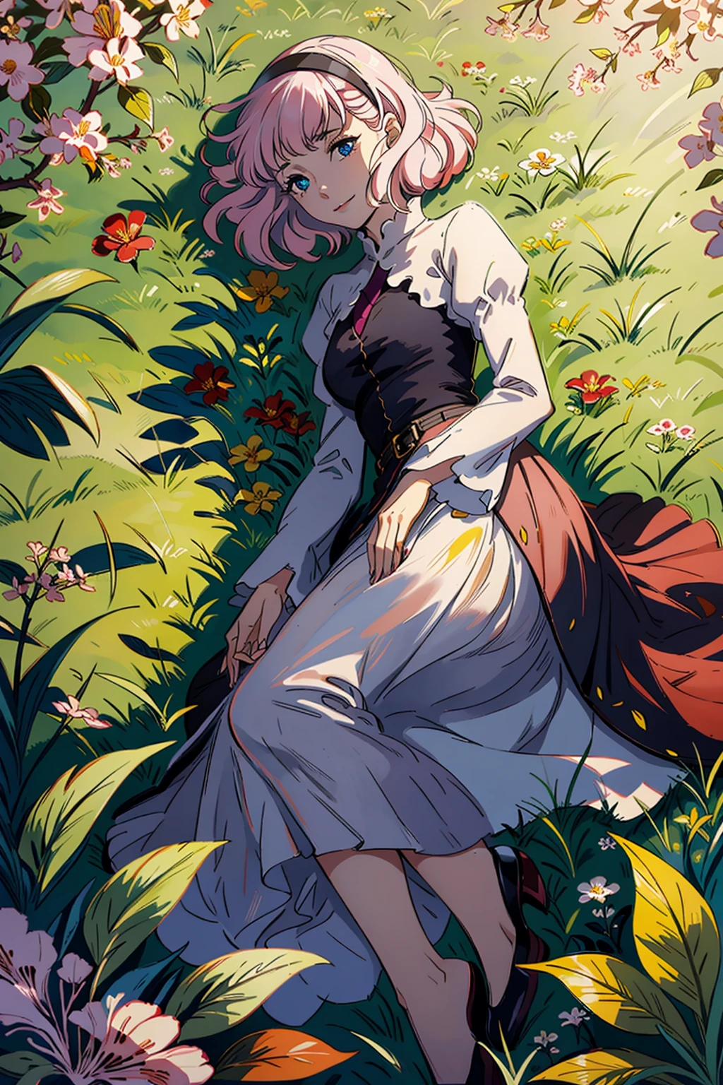 masterpiece, best quality, <lora:lemrina:1>,
lemrina vers envers, 1girl, solo, pink hair, lying, dress, hairband, blue eyes, smile, long sleeves, on side, sunlight, flower, short hair, outdoors, looking at viewer, blurry, puffy sleeves, juliet sleeves, day, black dress, grass, closed mouth, depth of field, shoes, dappled sunlight, blurry foreground, on ground, black hairband, petals, from above, bangs, shirt