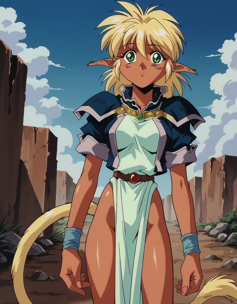 score_9, score_8_up, score_7_up, source_anime,
refam,
fam, blonde hair, green eyes, pointy ears, dark skin, dark-skinned female, elf, long pointy ears, retro artstyle, 1990s \(style\),
tail, short sleeves, wristband, pelvic curtain,
outdoors, wasteland, bent over,
looking at viewer, cowboy shot, dutch angle,