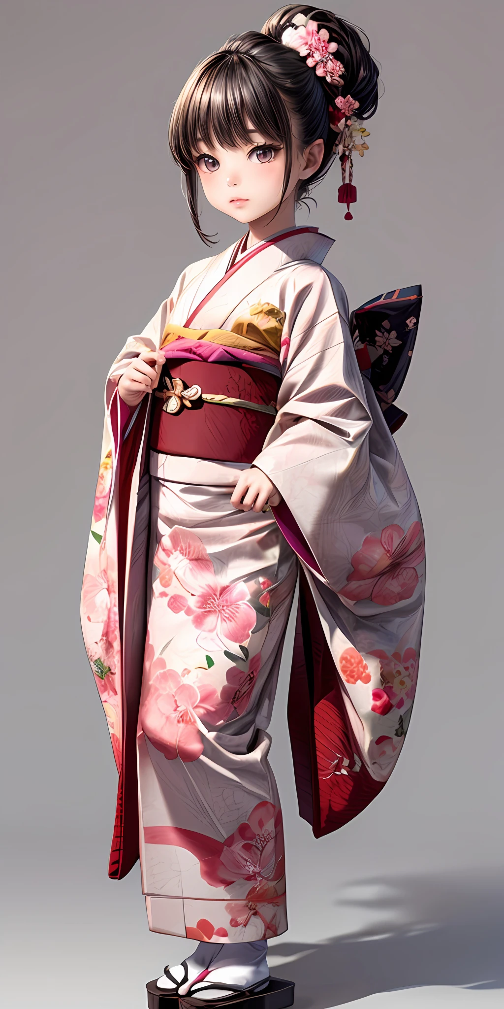 (masterpiece,ultra-detailed,best quality,8K,CG,illustration,shaved:1.0),(ite girl:1.2), <lora:more_details:1> ,simple background, <lora:jyoji fuku v15.0:0.5> jyojifuku, furisode, kimono, long sleeves, hair ornament, cherry blossom theme