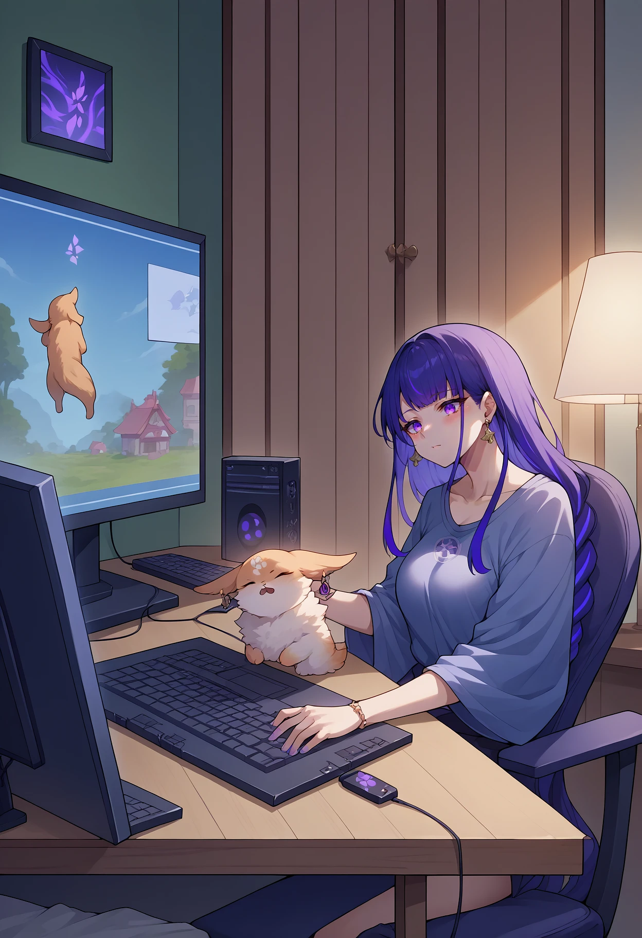 score_9, score_8_up, score_7_up, source_anime, YaeMikoFox, earrings, <lora:YaeMikoFox_XLPD:1>, raiden shogun,  holding, computer, monitor, animal,