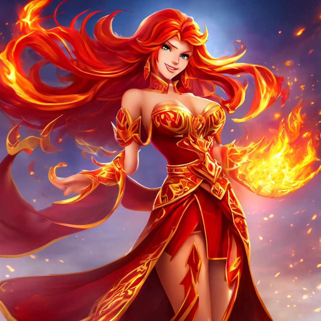 1girl, <lora:LinaSDXL:.8> Lina, fiery hair, full body, red and gold dress, cleavage