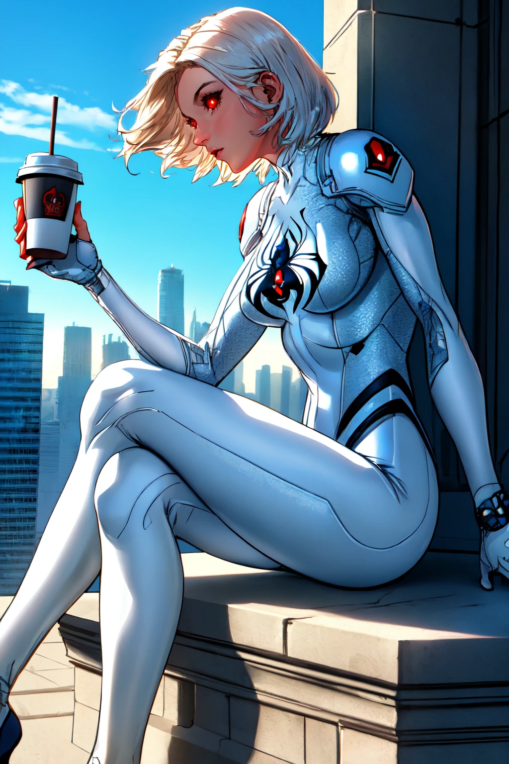 beautiful eyes, beautiful girl, high detail skin, high detail eyes, high detail hair, highres, ultra detailed, sharpen picture, Highly detailed, masterpiece, best quality, photorealistic,
<lora:white widowLoRA:0.8> 1girl, short hair, bodysuit, red eyes, glowing eyes, silk, sitting on a ledge of a building, view from side, holding a cup of coffee, blue sky
