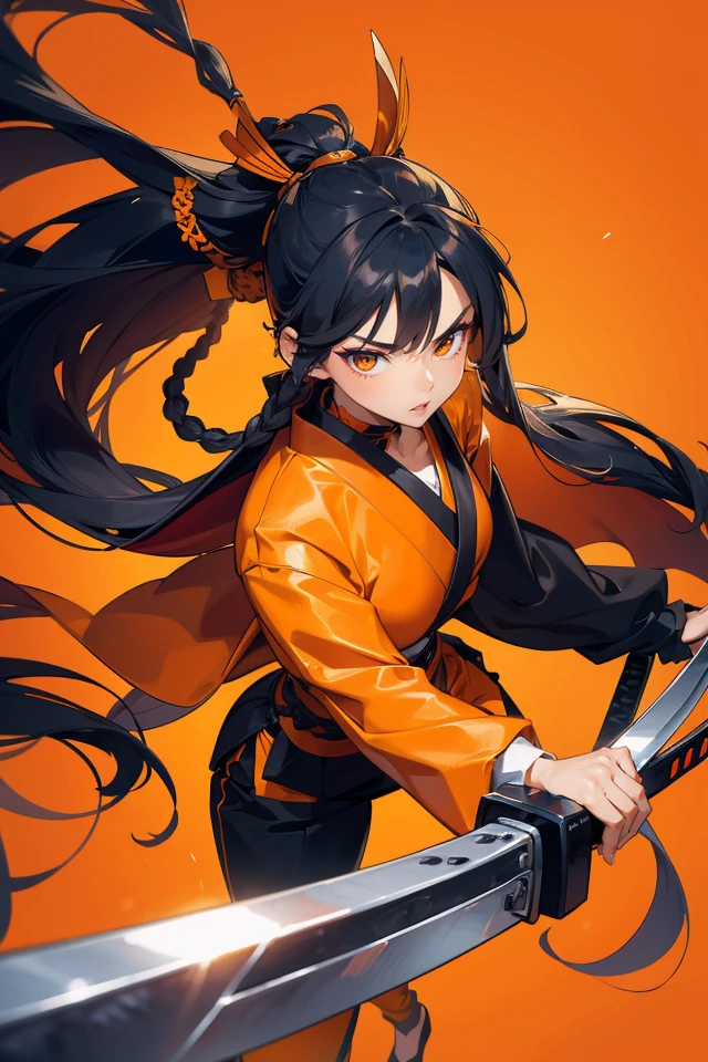 ((perspective lens, a woman with long hair,  dynamic pose of Serious and mean expression, two hands brandishing a big long samurai sword )) ((Pure orange background:1.2)),appears in her early twenties,captured mid-motion,with her long braided hair flowing. Her outfit is reminiscent of a bee,with a color palette of black and yellow,and she is tossing money casually,indicating a playful.,