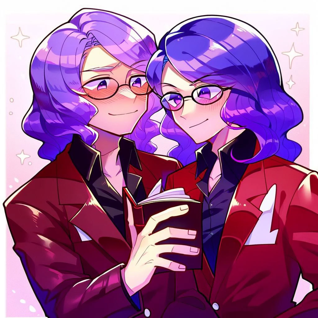 score_9, score_8_up, score_7_up, score_6_up, score_5_up, score_4_up,, 1boy, purple hair, wavy hair, purple eyes, Red jacket, black shirt, collared shirt, red pants, formal, Glasses, smile, blush, holding book, cute,