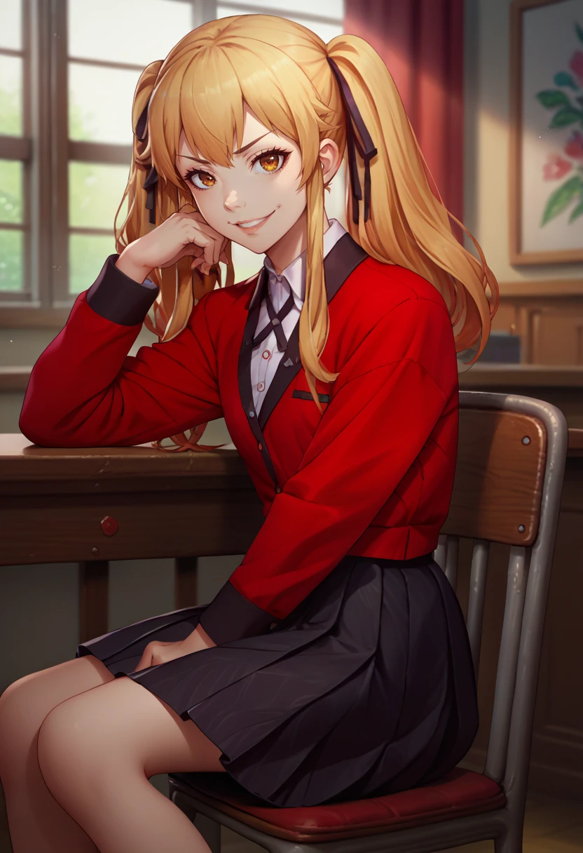 score_9, score_8_up, score_7_up, source_anime, solo, 1girl, saotome mary, smile, looking at viewer, sitting, chair, twintails, hair ribbon, school uniform, red jacket, long sleeves, dress shirt, black skirt, indoors <lora:kakegurui_saotome_ponyXL:1>