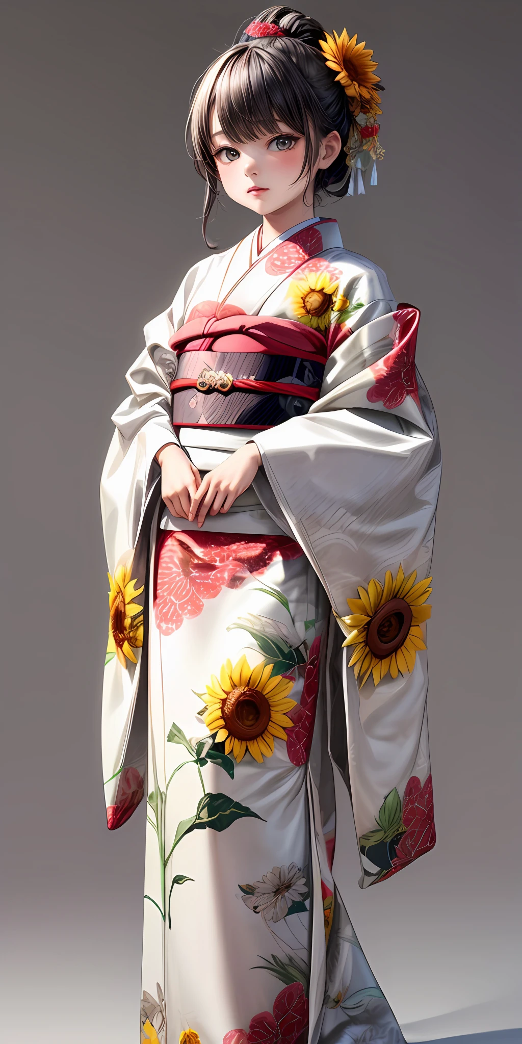 (masterpiece,ultra-detailed,best quality,8K,CG,illustration,shaved:1.0),(ite girl:1.2), <lora:more_details:1> ,simple background, <lora:jyoji fuku v15.0:0.5> jyojifuku, furisode, kimono, long sleeves, hair ornament, sunflower theme