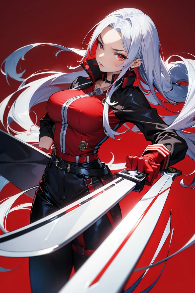 ((perspective lens upper body, a woman with long hair, dynamic pose of Serious and mean expression, two hands brandishing a big long sword )) ((Pure red background:1.2)),appears in her early twenties,captured mid-motion,with her long braided hair flowing. Her outfit is fashion jacket,with a color palette of black and yellow,and she is tossing money casually,indicating a playful.,