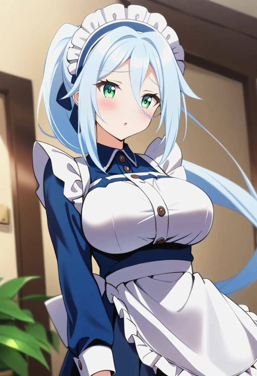 1girl,solo,sylpha,very long hair,maid headdress,white hair,large breasts,maid,hair between eyes,ponytail,apron,blush,bangs,long sleeves,dress,<lora:Sylpha-tenseishitaradainana-xl:1>,