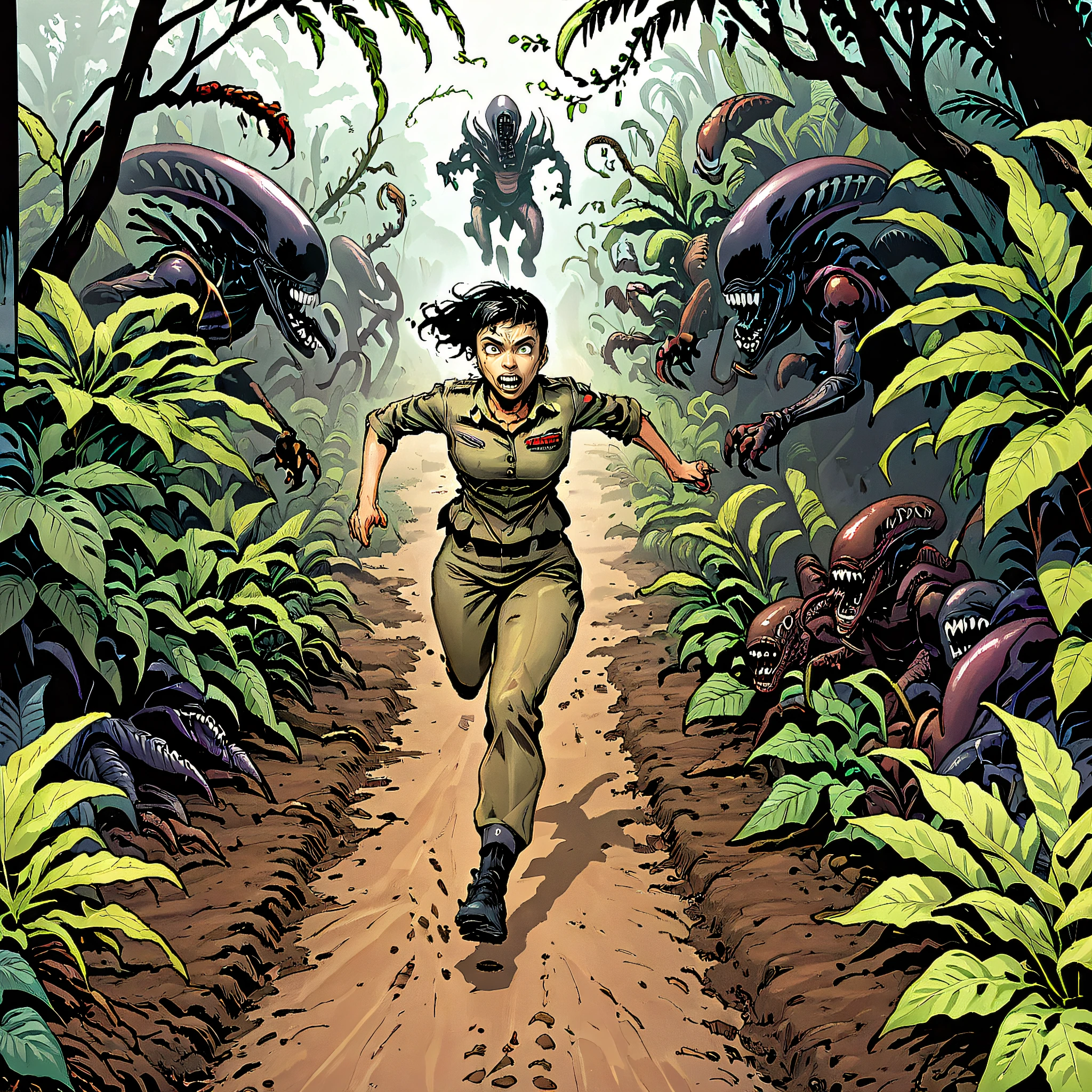 A woman running from a monster, jungle, trees, vines, dirt path, xenocomic, xenomorph, teeth, horror_(theme), military uniform, army boots, panic, fear,