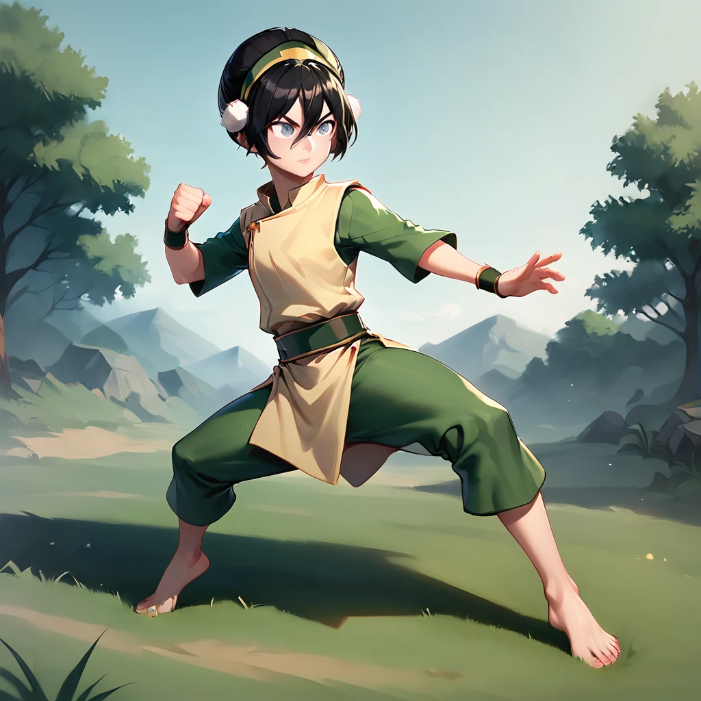 Toph,score_9, score_8_up, score_7_up,,earth nation clothing,1girl,solo,short hair,bangs,gray eyes,black hair,hair between eyes,closed mouth,full body,outdoors,barefoot,pants,hair bun,feet,tree,toes,standing,grass,fighting pose,green pants,blind, <lora:Toph_ponyXL:0.6>