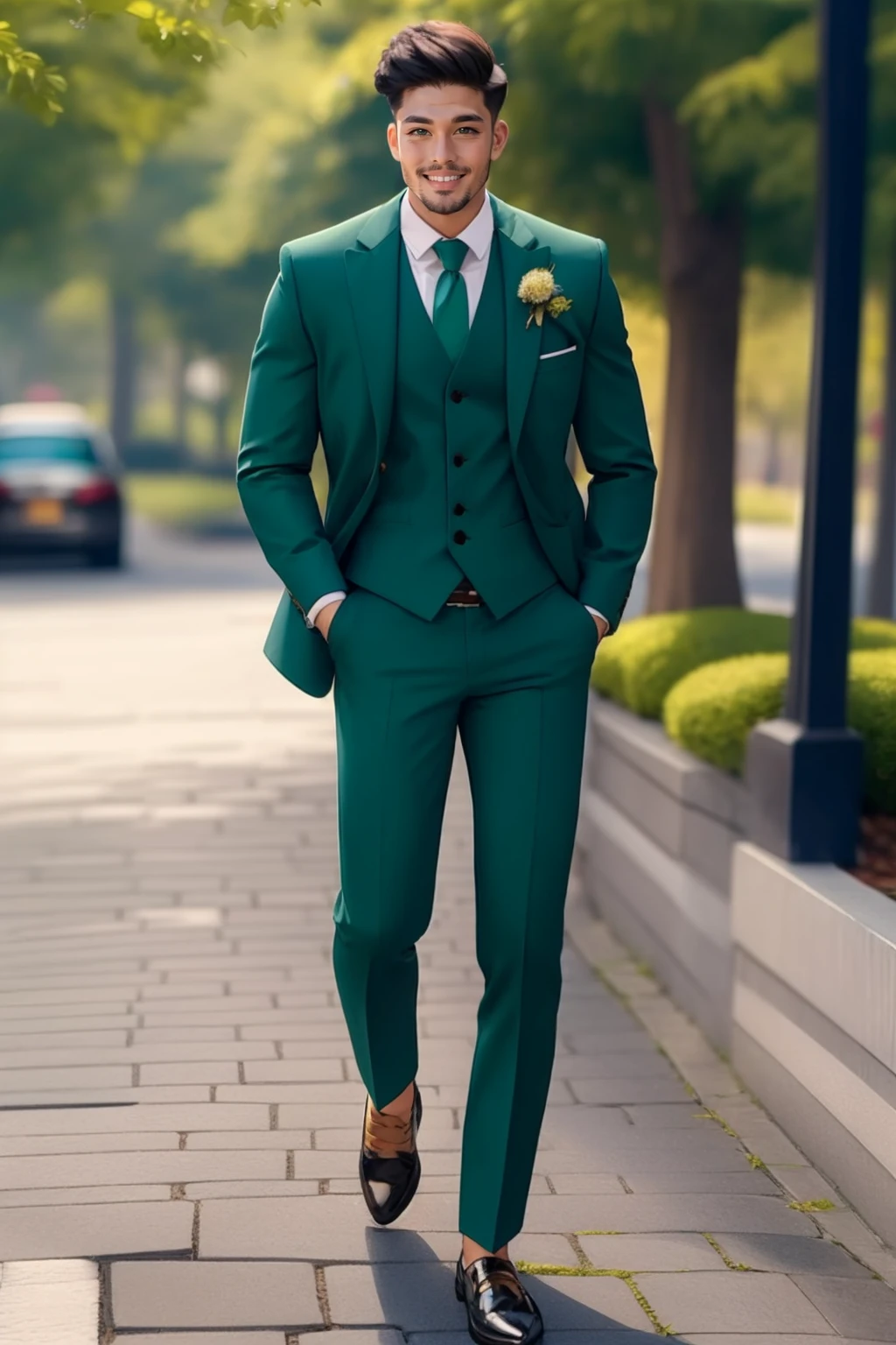 <lora:detail_slider_v4:1> 1boy  <lora:3m3r4ldsu1t:0.75>  3m3r4ldsu1t, green jacket, full body, shoes, green vest, green pants, grey background, simple background,