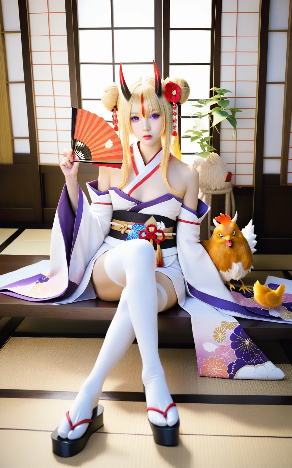 1girl,hair ornament, tabi, sandals, bird, purple eyes, long hair, okobo, holding fan, hair flower, white kimono, parted lips, hair between eyes, very long hair, flower, tiger, crossed legs, full body, white thighhighs, black footwear, oni horns, folding fan, solo, chicken, wide sleeves, japanese clothes, detached sleeves, hand fan, blonde hair, double bun, long sleeves, thighhighs, parted bangs, bare shoulders, looking at viewer, animal on stomach, official alternate costume, hair bun, kimono, paper fan, holding, horns,
