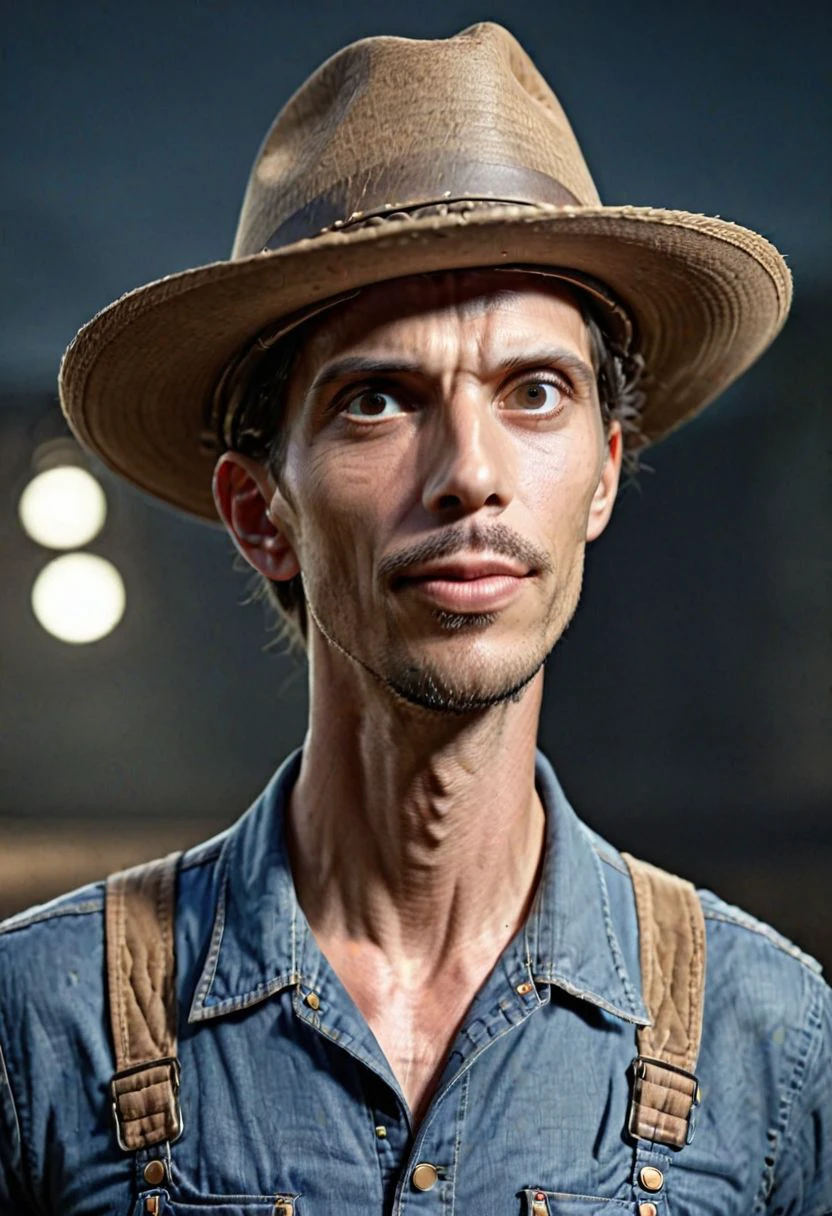 Man wearing a straw hat, overalls, sharp focus, smooth, aesthetic, extremely detailed, octane render,solo, dark industrial background, rtx, rock clothes, cinematic light, intricate detail, highly detailed, high res, detailed facial features