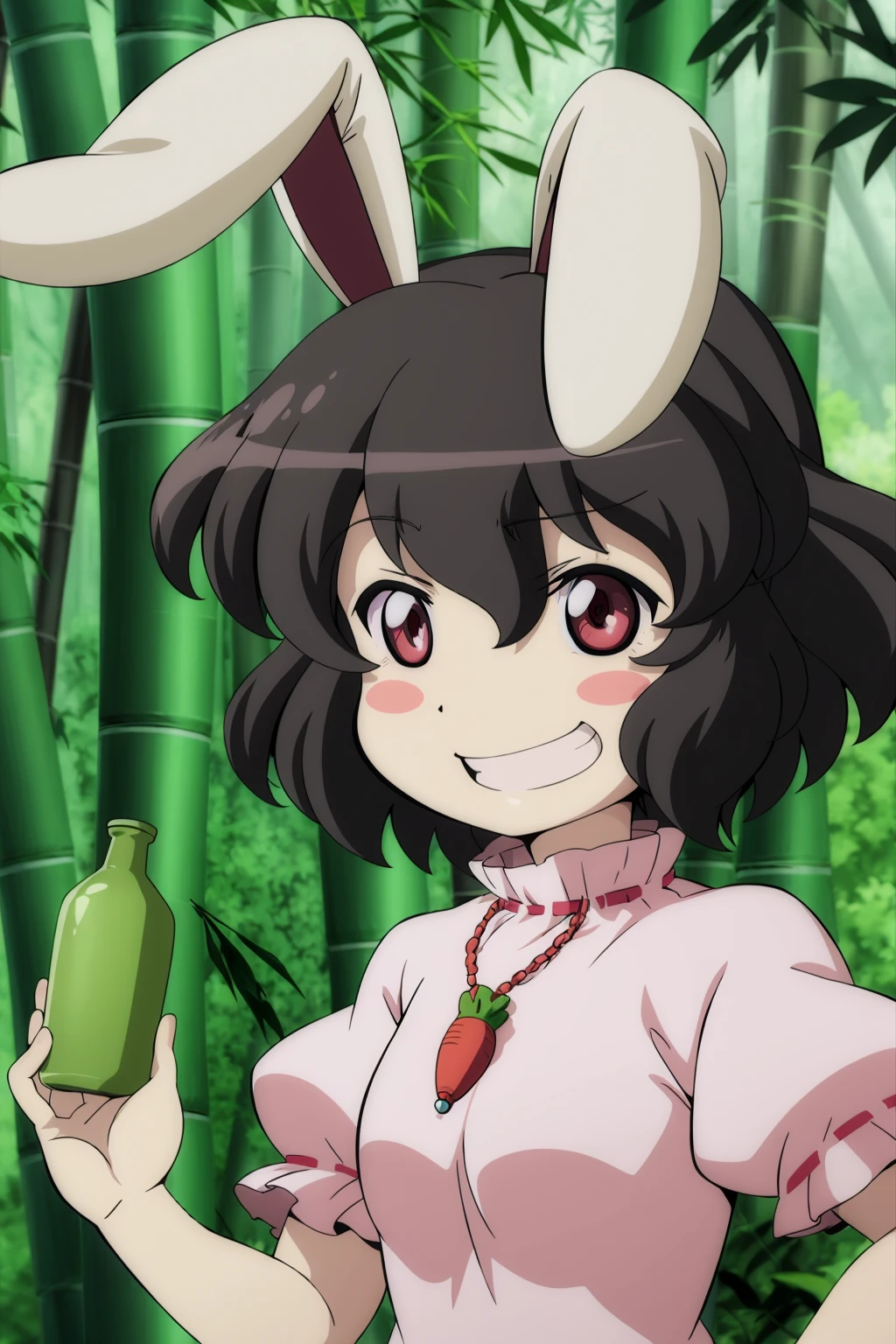 masterpiece, best quality, <lora:tgm-v2:1>,pixiv, 1girl, solo, inaba tewi, animal ears, rabbit ears, red eyes, black hair, grin, short hair, bamboo, smile, nature, forest, bamboo forest, blush stickers, bottle, jewelry, parody, pendant, necklace, carrot, carrot necklace