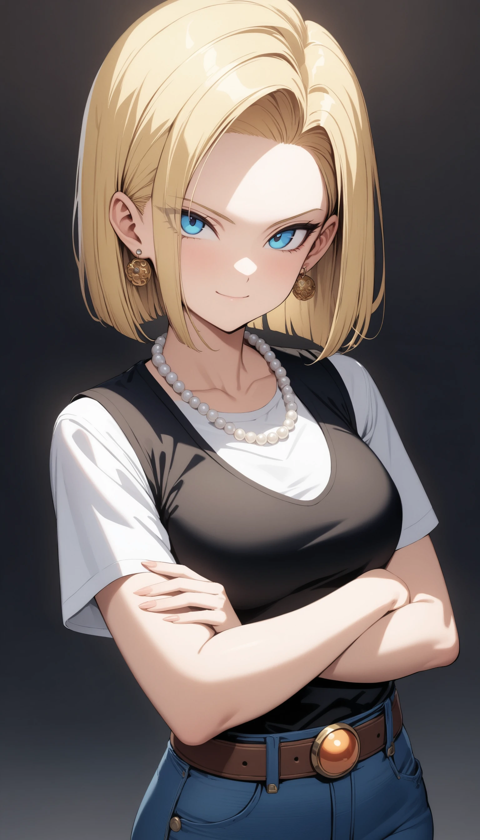 (masterpiece, best quality, very aesthetic, ultra detailed), intricate details,
1girl, android 18, dragon ball, blonde hair, blue eyes, black vest, cropped vest, belt buckle, crossed arm, earrings, jewelry, pearl necklace, short hair, white shirt, short sleeves, shirt tucked in, denim, jeans, light smile, looking at viewer,