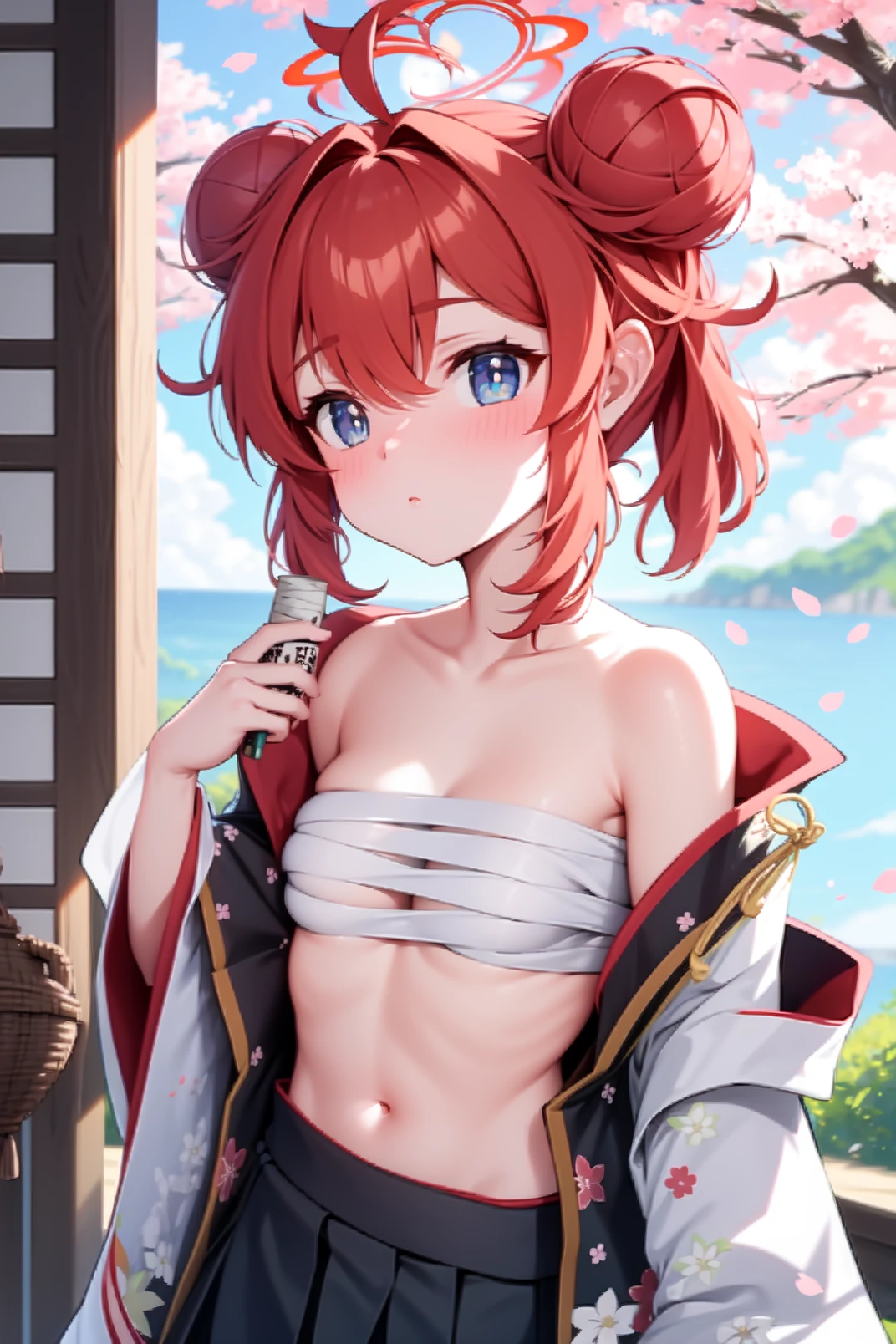 (8K, Best quality, tmasterpiece:1.2),\(eye detailed\),\(Facial features\),(\(Clothes detail details\)\),(huge tit),full bodyesbian,(Facial focus) ,Very detailed CG unity 8K wallpaper,hugefilesize,ultra - detailed,A high resolution,absurderes,beautidful eyes,Ray traching,dramatic shadow,finely detailled,Dramatic angles,Hyper-detailing,(1 girl:1.3),(Solo),Mature female, a matural female,thick thight,busty figure,long whitr hair,(/Single braid:1.3/),blond hairbl,cyan eyes,(miko:1.3)+(Crop tops:1.3),Fleshy belly,Break!。In the daytime,An abandoned shrine in the forest,(The roots of the tree are staggered,There are quite a few mushrooms growing:1.3),(Broken broken wooden wall,Bird's nest on the eaves:1.3),(The canopy shades the sun,Only a small amount of light shines on the earth piecemeal through the gaps between the leaves:1.3)。master piece,8K wallpaper,Go to remove the watermark