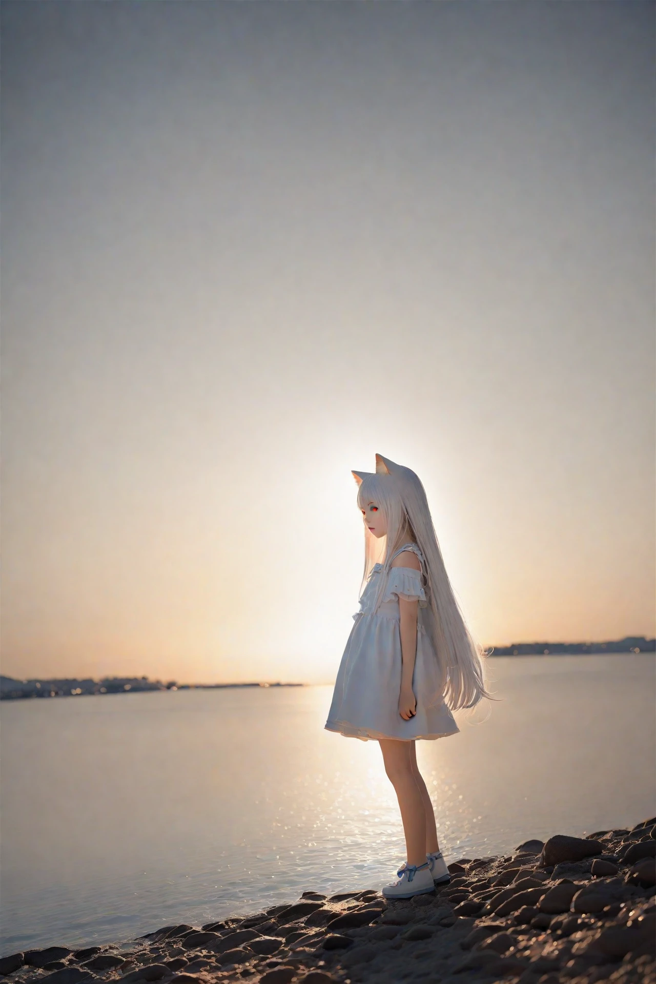 (((masterpiece))), best quality, illustration, young girl, 1girl with light white long hair, beautiful detailed red eyes, light white long straight hair, ((cute)), (petite), slim, solo, solo focus, standing, full body, sky, pure white dress, cat ears