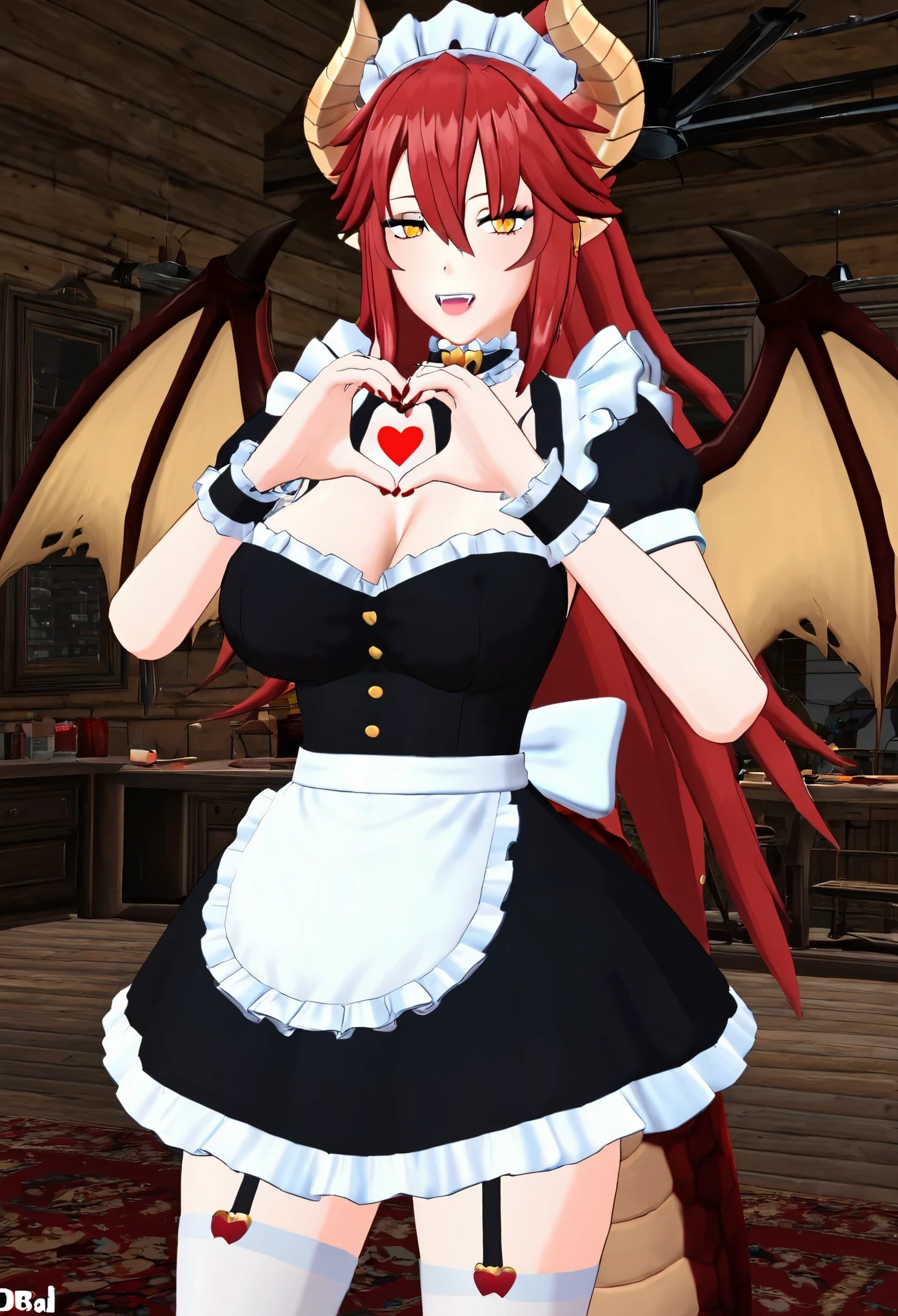 (8k, RAW photos, top quality, masterpiece: 1.2), Zentreya, 3d, 3d render, red hair, maid outfit, cleavage, horns, dragon wings, making a heart with hands,