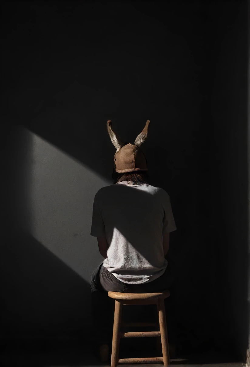 a person its back turned wearing a donkey hat sitting on a stool in a dark corner, sad mood, god rays, shadows, <lora:- SDXL - vant_blk_contrast_V2.0:0.8>
