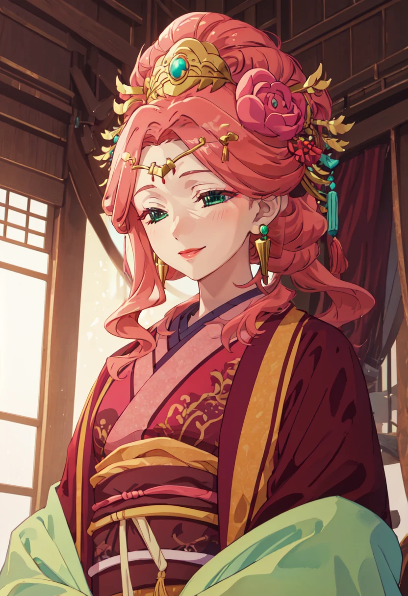 best quality, masterpiece, highres, solo, (gyokuyou_theapothecarydiaries:1.10), 1girl, kimono, lipstick, upper body, jewelry, hair stick, smile, closed eyes, rose, anime_style, 1 <lora:gyokuyou_theapothecarydiaries:0.80>