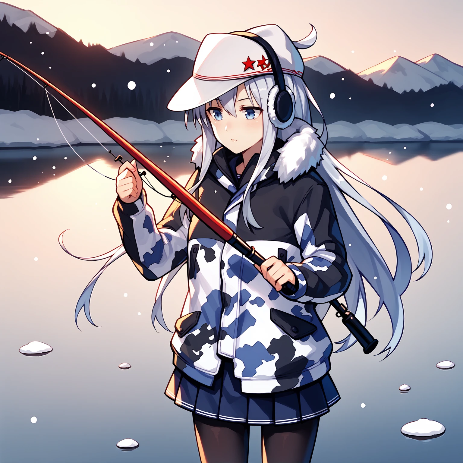 score_9, score_8_up, score_7_up, score_6_up, score_5_up, score_4_up, BREAK, cowboy shot, solo, lake, winter, snow, ice, 
<lora:hibikiv2-000009:1>, hibikikc, camooutfitkc, long hair, camouflage jacket, white hat, grey hair, blue eyes, pantyhose, pleated skirt, earmuffs, fishing rod,