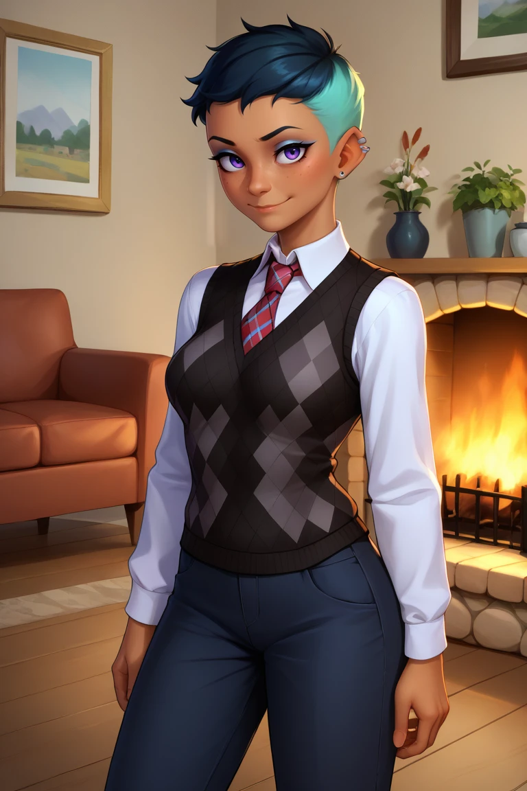 score_9, score_8_up, score_7_up, BREAK, 1girl, solo,  breasts, <lora:rileyfairfeather-guy-PONYv1:.9>, rileyfairfeather, dark skin, undercut, multicolored hair, freckles, makeup, piercing, long sleeves, pants, formal, indoors, fireplace, argyle sweater, collared shirt, necktie, contrapposto, argyle, black sweater, sweater vest, light smile,