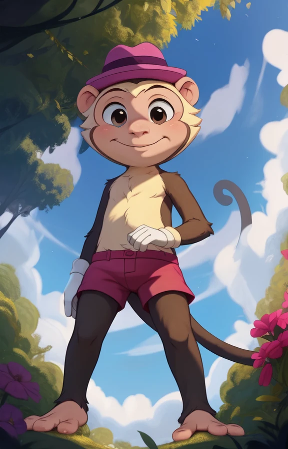 <lora:LuizMoncWudiG(lierla)Yi:0.9>  LuizMoncWudiG(lierla)Yi, monkey, primate, shorts, hat, brown fur, chibi, 
 solo,   looking at viewer,    (Tail), to his full height,   
(beautiful, aesthetic, perfect, delicate, intricate, masterpiece, )  textured fur, [Forest, clouds, bushes,]    ( worm's-eye view, looking down,  ass,   standing , looking down at viewer, low-angle view, )
[by dagasi|ancesra:0.6], [by foxovh|personalami:0.5], [by einshelm|tom_fischbach],