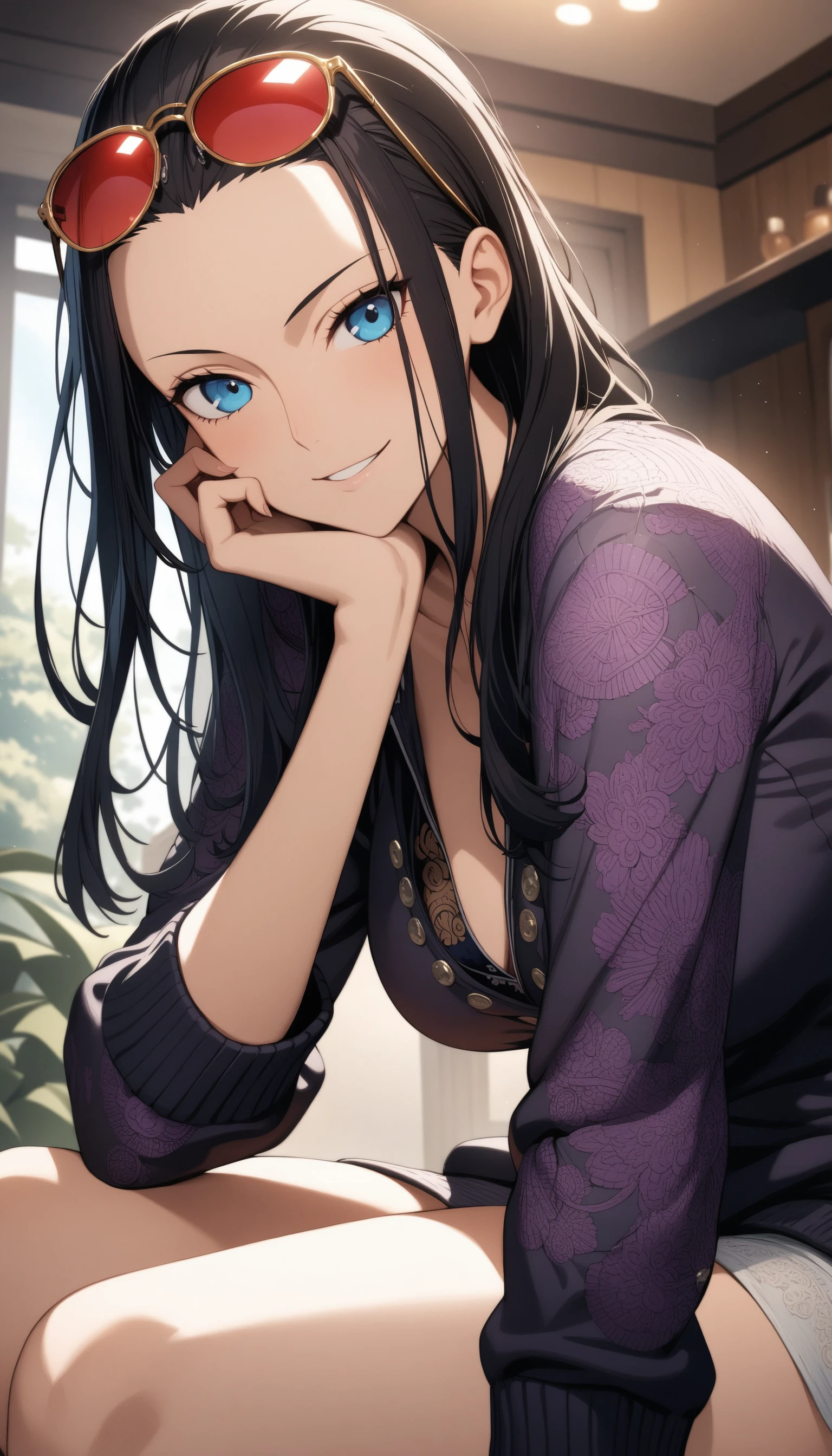 (masterpiece, best quality, very aesthetic, ultra detailed), intricate details,
1girl, nico robin, one piece, cardigan, shirt, eyewear on head, blue eyes, black hair, hair slicked back, long hair, red-tinted eyewear, sidelocks, smile, hand on own cheek, hand on own face, looking at viewer, sitting,